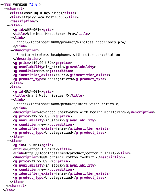 XML product feed file showing structured product data