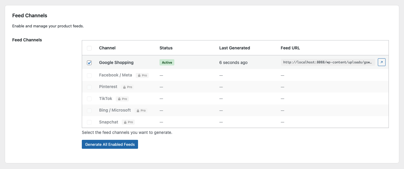 Generated product feed URL ready to submit to Google