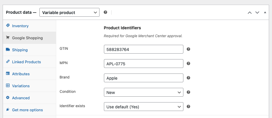 Google Shopping for WooCommerce adds free GTIN, Brand, and MPN fields