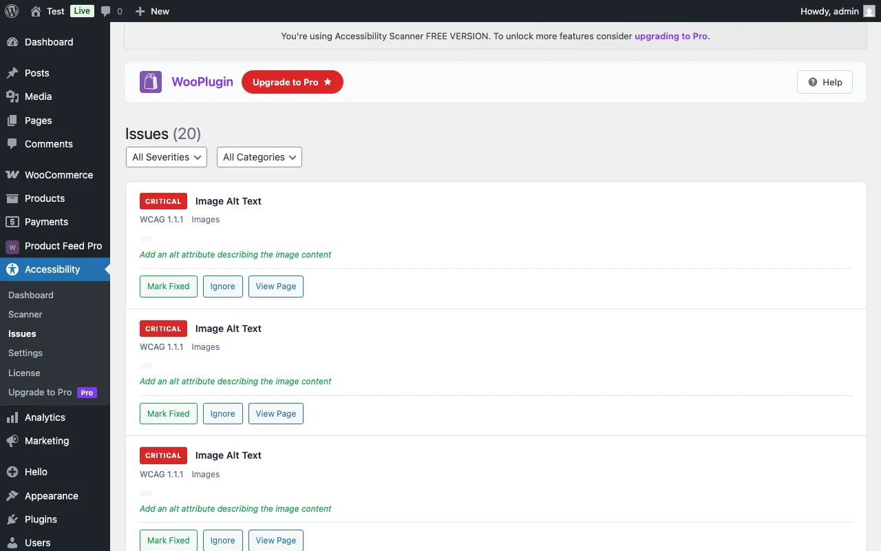 Issues list with severity labels, WCAG references, and quick fix buttons