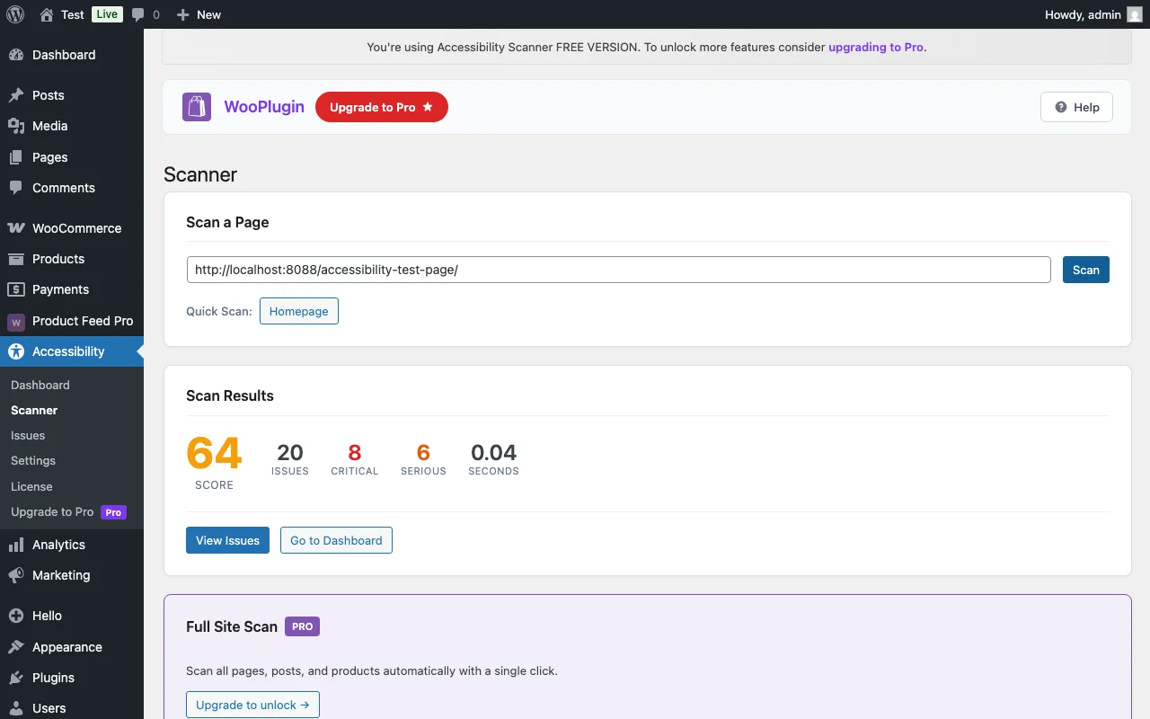 Scan results with accessibility score, issue counts by severity, and scan time