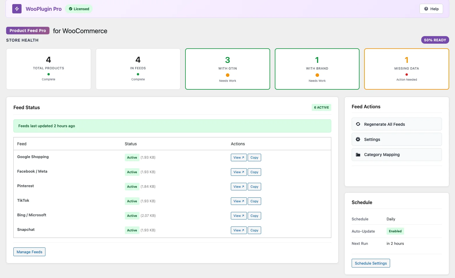 Feed Dashboard showing store health and multi-channel feed status